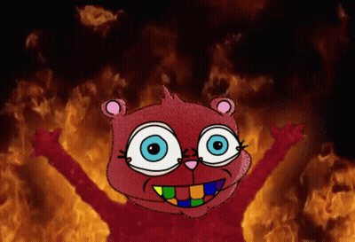 A Cartoon Drawing Of A Teddy Bear With Blue Eyes Standing In Front Of A Fire GIF