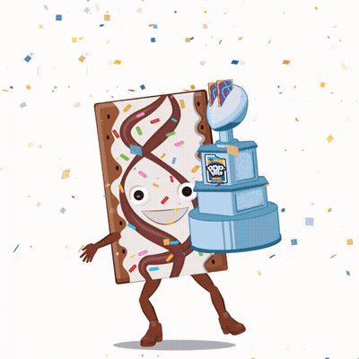 A Cartoon Drawing Of A Toaster Pastry Holding A Cake And A Pop Tart Trophy GIF