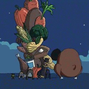 A Cartoon Drawing Of A Tower Of Food With A Bottle Of H Beer On Top GIF