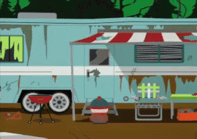 A Cartoon Drawing Of A Trailer With A Red And White Awning GIF