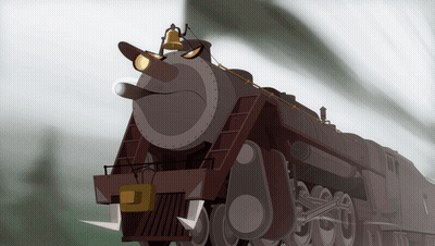 A Cartoon Drawing Of A Train With Horns And A Bell On Top GIF