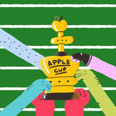 A Cartoon Drawing Of A Trophy That Says Apple Cup On It GIF