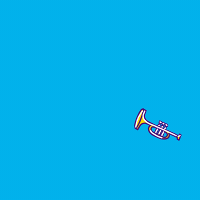 A Cartoon Drawing Of A Trumpet With A Cross In The Background GIF