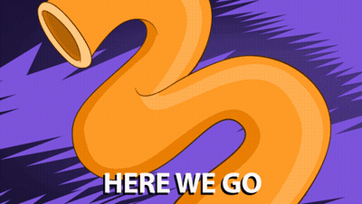 A Cartoon Drawing Of A Trumpet With The Words Here We Go Written Below It GIF