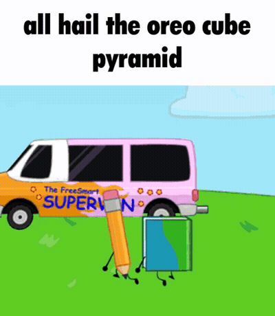 A Cartoon Drawing Of A Van That Says " All Hail The Oreo Cube Pyramid " On It GIF
