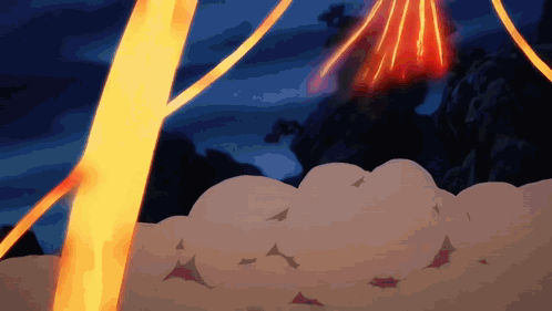 A Cartoon Drawing Of A Volcano Erupting In The Distance GIF