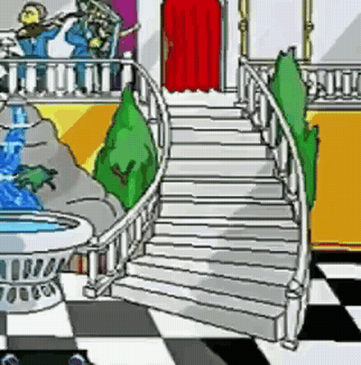 A Cartoon Drawing Of A Waterfall And Stairs In A House . GIF