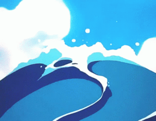 A Cartoon Drawing Of A Wave Crashing Against A Cloudy Blue Sky GIF