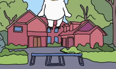 A Cartoon Drawing Of A White Bear Jumping Over A Railing In Front Of A House GIF