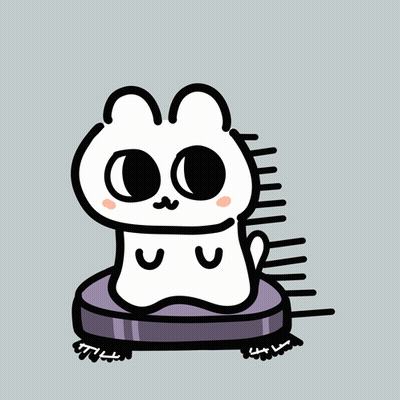 A Cartoon Drawing Of A White Cat Sitting On A Purple Vacuum Cleaner GIF