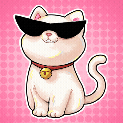 A Cartoon Drawing Of A White Cat Wearing Sunglasses And A Bell Around Its Neck GIF