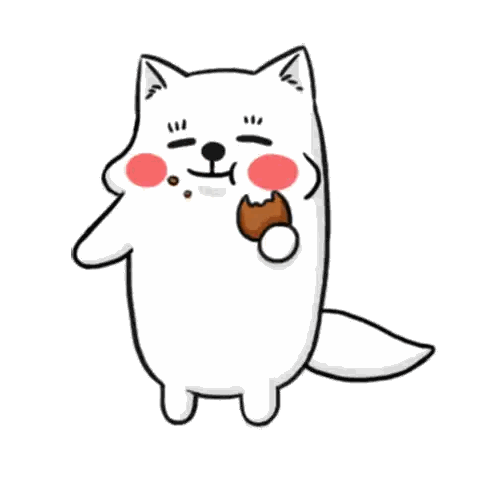 A Cartoon Drawing Of A White Dog With Pink Cheeks Eating A Piece Of Food Sticker