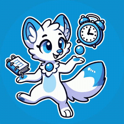 A Cartoon Drawing Of A White Fox With Blue Eyes Holding A Book And An Alarm Clock GIF