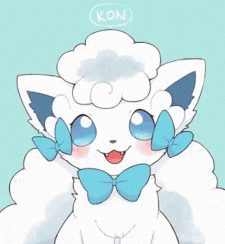 a cartoon drawing of a white furry animal with the word kon above it