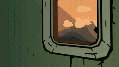 A Cartoon Drawing Of A Window With A View Of Mountains GIF