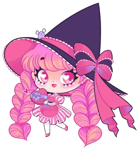 A Cartoon Drawing Of A Witch With Pink Hair And A Black Hat Sticker
