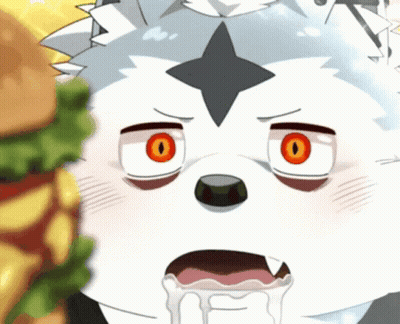 A Cartoon Drawing Of A Wolf With Red Eyes Eating A Hamburger GIF
