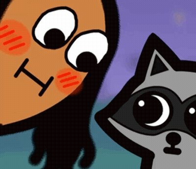 A Cartoon Drawing Of A Woman And A Raccoon With The Letter T On Their Faces GIF