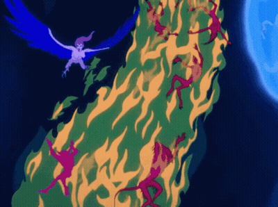 A Cartoon Drawing Of A Woman Flying Over A Group Of Devils GIF