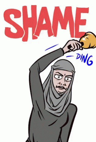 A Cartoon Drawing Of A Woman Holding A Bell With The Word Shame Behind Her GIF