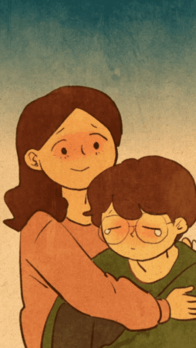 A Cartoon Drawing Of A Woman Holding A Boy Who Is Crying GIF