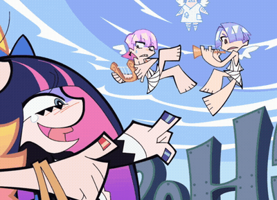 A Cartoon Drawing Of A Woman Holding A Harp And Two Angels GIF