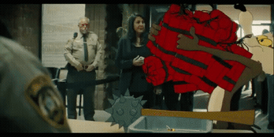 A Cartoon Drawing Of A Woman Holding A Red Object With Spikes On It GIF