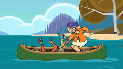 A Cartoon Drawing Of A Woman In A Canoe With A Gun GIF