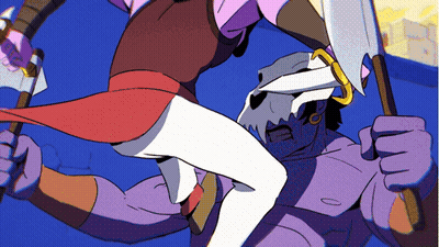 A Cartoon Drawing Of A Woman Kicking A Monster With An Axe GIF