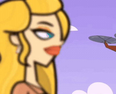 A Cartoon Drawing Of A Woman Looking At A Helicopter GIF