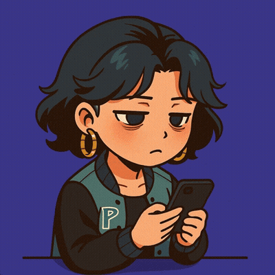A Cartoon Drawing Of A Woman Looking At Her Phone With The Letter P On Her Jacket GIF