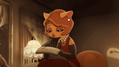 A Cartoon Drawing Of A Woman Reading A Book Titled " I Love You Madame " GIF