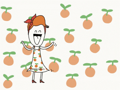 A Cartoon Drawing Of A Woman Surrounded By Oranges With Hinka Comics On The Bottom GIF