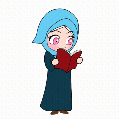 A Cartoon Drawing Of A Woman Wearing A Blue Hijab Reading A Book GIF