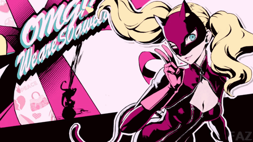 A Cartoon Drawing Of A Woman Wearing A Cat Mask With The Name Megan Soames Written Above Her GIF