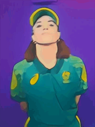 A Cartoon Drawing Of A Woman Wearing A Yellow Hat And A Green Shirt GIF
