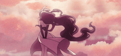 A Cartoon Drawing Of A Woman With Long Hair Standing In The Clouds GIF