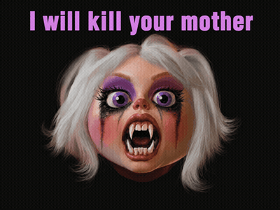 A Cartoon Drawing Of A Woman With Purple Eyes And White Hair With The Words " I Will Kill Your Mother " On The Bottom GIF