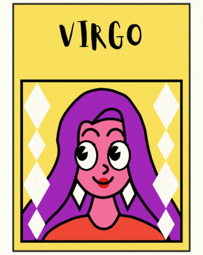 A Cartoon Drawing Of A Woman With Purple Hair And The Word Virgo Below Her GIF