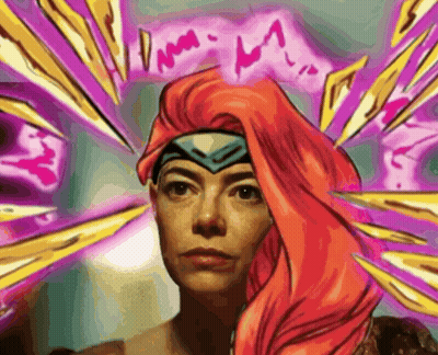 A Cartoon Drawing Of A Woman With Red Hair And A Headband That Says " I Am " GIF