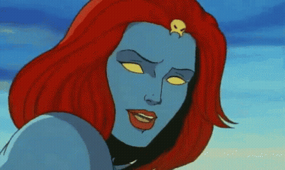 A Cartoon Drawing Of A Woman With Red Hair And Blue Skin GIF
