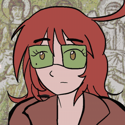 A Cartoon Drawing Of A Woman With Red Hair And Green Glasses GIF