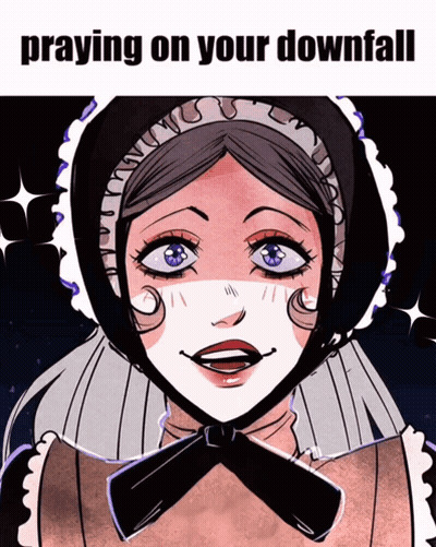 A Cartoon Drawing Of A Woman With The Words Praying On Your Downfall Above Her GIF