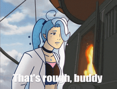 A Cartoon Drawing Of A Woman With The Words That 'S Rough Buddy Below Her GIF