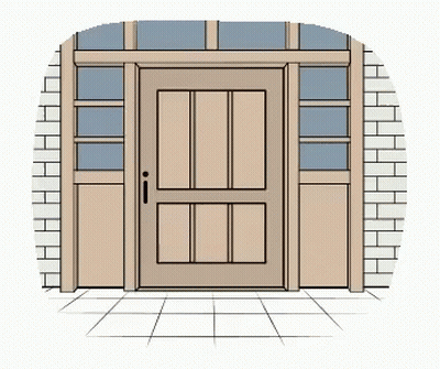 A Cartoon Drawing Of A Wooden Door With A Brick Wall And A Tiled Floor . GIF