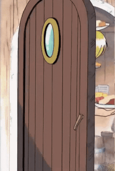 A Cartoon Drawing Of A Wooden Door With A Window GIF