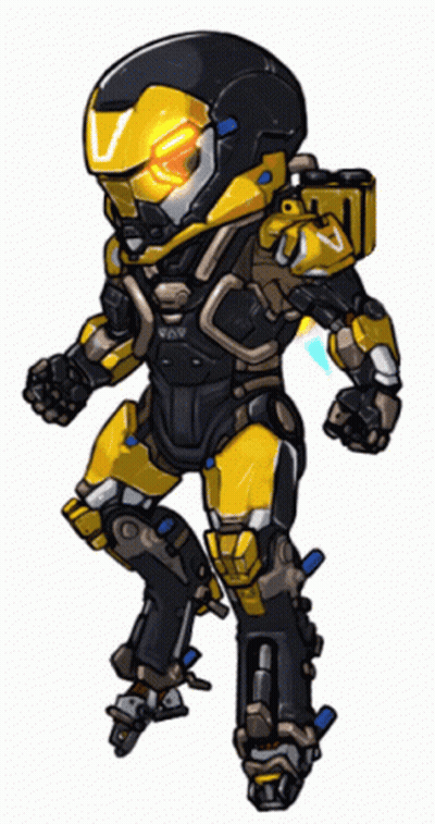 A Cartoon Drawing Of A Yellow And Black Robot With The Letter V On His Helmet GIF