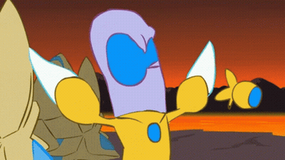 A Cartoon Drawing Of A Yellow And Blue Character With A Purple Head GIF