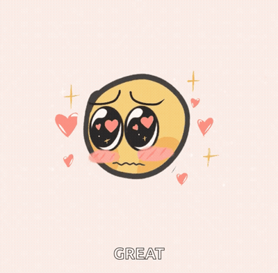 A Cartoon Drawing Of A Yellow Blob With Hearts In Its Eyes And The Word Great Below It GIF