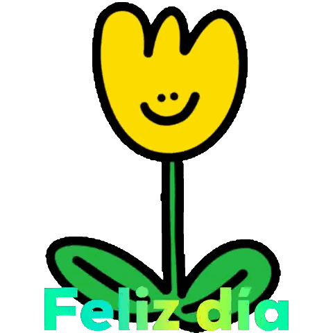 A Cartoon Drawing Of A Yellow Flower With A Smiley Face And The Words Feliz Dia Below It Sticker